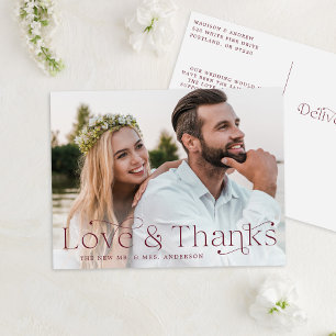 Cartão Postal Elegante Burgundy Love e Obrigados Casamento Obrig