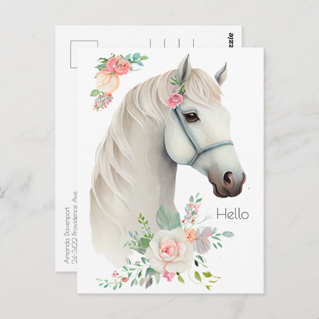 Cartão Postal Elegante Cavalo Branco Boho Floral (Frente/Verso)