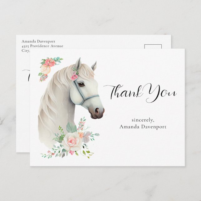 Cartão Postal Elegante Cavalo Branco Boho Floral Obrigado (Frente/Verso)