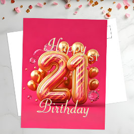 Cartão Postal Elegante Celebração de 21º Aniversário Rosa e Dour
