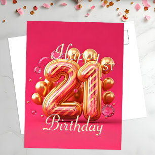 Cartão Postal Elegante Celebração de 21º Aniversário Rosa e Dour