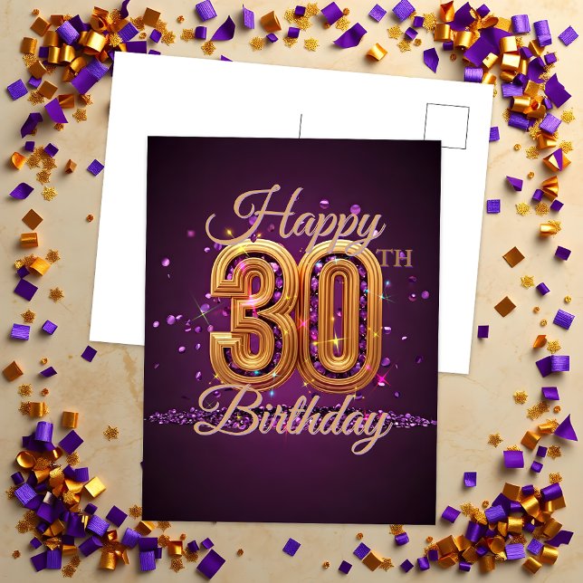 Cartão Postal Elegante Celebração de 30 Anos Roxo e Dourado (Criador carregado)