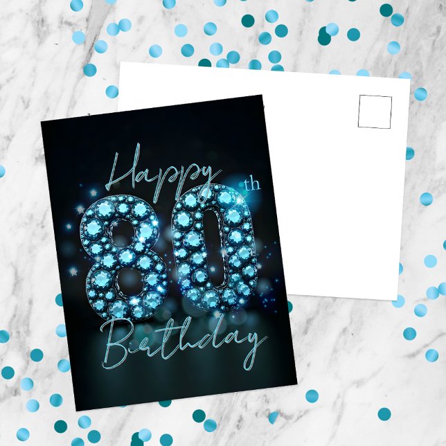 Cartão Postal Elegante Chic Safira Azul e Preto 80º Aniversário (Criador carregado)