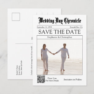 Cartão Postal Elegante Código QR de Casamento de Jornal Salve a