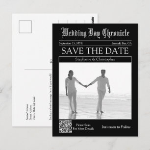 Cartão Postal Elegante Código QR Preto Jornal Casamento Salve a