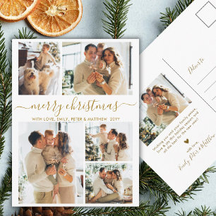 Cartão Postal Elegante Colagem de Fotos de Natal com Letra Doura