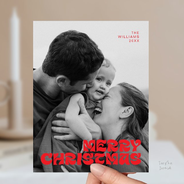 Cartão Postal Elegante com Estilo, Feliz Natal Família Foto Chic (Stylish Elegant, Merry Christmas Family Photo Chic Postcard in Romantic Bright Red)