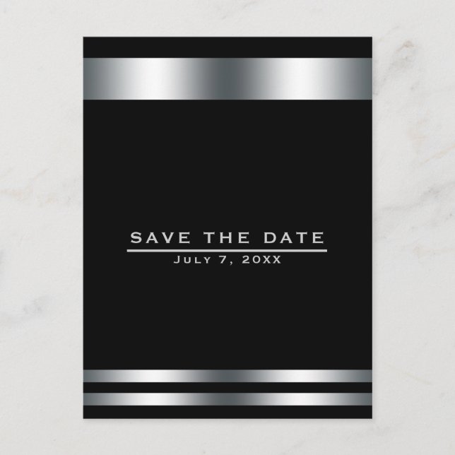 Cartão Postal Elegante Compromisso Preto e Prata Save the Date (Frente)
