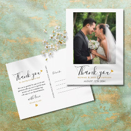 Cartão Postal Elegante Coração Dourado Casamento Foto Obrigado