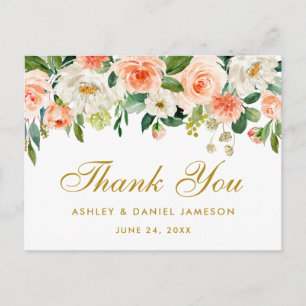 Cartão Postal Elegante Coral Floral Dourado Casamento Obrigado