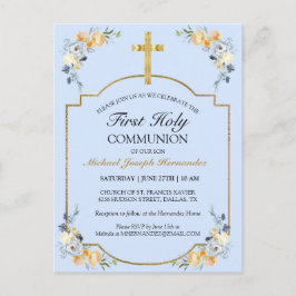 Cartão Postal Elegante Cruz de Ouro Azul Floral 1ª Comunhão