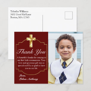 Cartão Postal Elegante Cruz de Ouro Burgundy 1º Comunhão Agradec