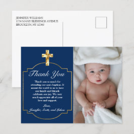 Cartão Postal Elegante Cruz Dourada Azul Meninos Batismo Agradec
