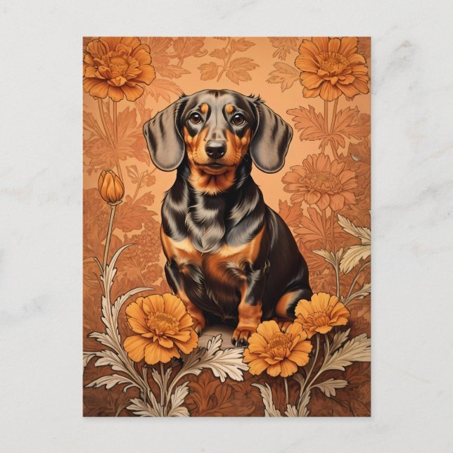 Cartão Postal Elegante Dachshund E Marigolds (Frente)