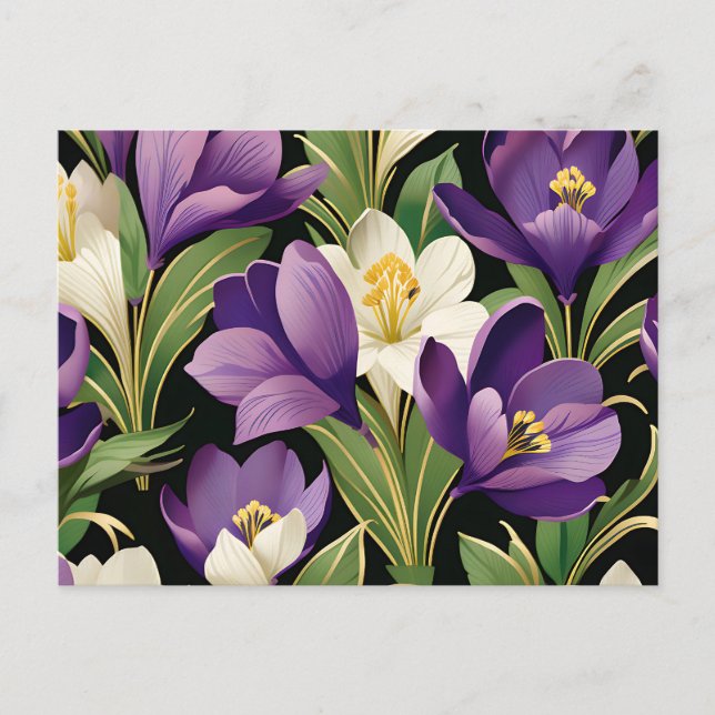 Cartão Postal Elegante Damasco com Flores de Crócus (Frente)