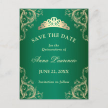 Elegante Damask Verde Quinceanera Salve A Data