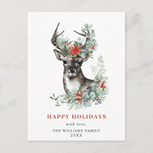 Cartão Postal Elegante Deer Poinsettia Natal Saudação Feriado
