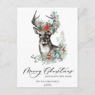 Cartão Postal Elegante Deer Poinsettia Natal Saudação Feriado