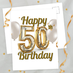 Cartão Postal Elegante Dourado Confetti e Balões 50º Aniversário