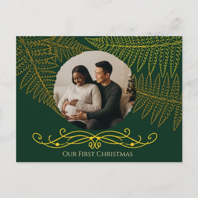 Cartão Postal Elegante Dourado Fern Frame Verde Nosso Primeiro N (Frente)