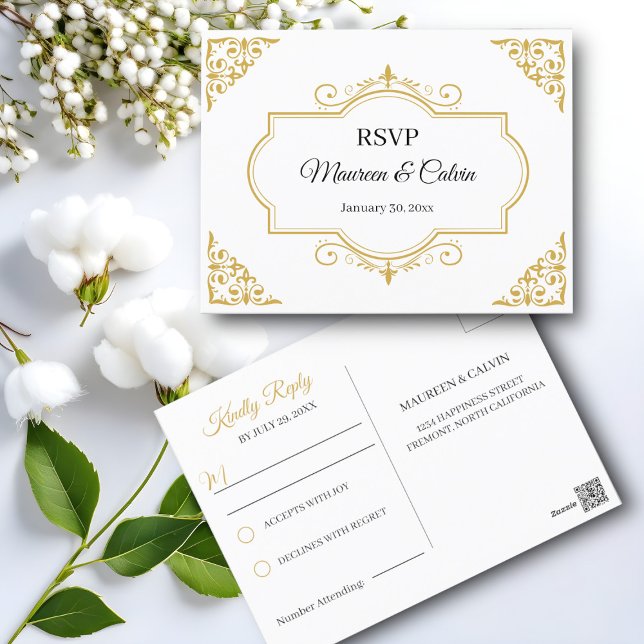 Cartão Postal Elegante Dourado Filigree em White, RSVP de Casame (Criador carregado)