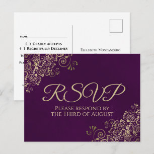 Cartão Postal Elegante Dourado Frils em Plum Purple Wedding RSVP