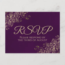 Cartão Postal Elegante Dourado Frils em Plum Purple Wedding RSVP