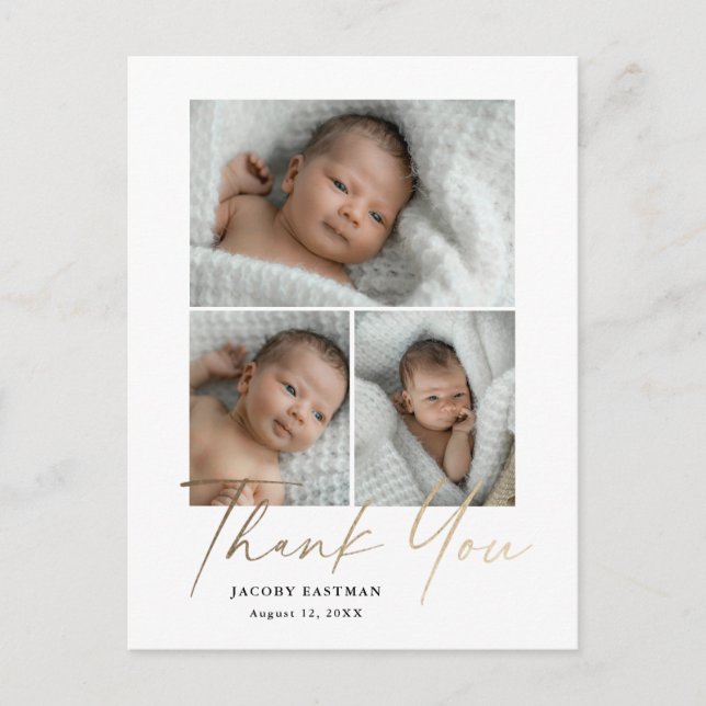 Cartão Postal Elegante Dourado Script 3 Photo Baby Obrigado (Frente)