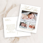 Cartão Postal Elegante Dourado Script 3 Photo Baby Obrigado<br><div class="desc">O Elegante Dourado Script 3 Photo Baby Obrigado Postcard apresenta três fotos do novo bebê,  juntamente com a elegante caligrafia guiada,  e todas as estatísticas do bebê. As costas têm muito espaço para você do que você nota.</div>