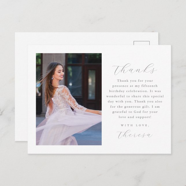 Cartão Postal Elegante Duas Fotografias Quinceanera Obrigado (Frente/Verso)