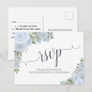 Cartão Postal Elegante Dusty Blue Watercolor Casamento Floral RS