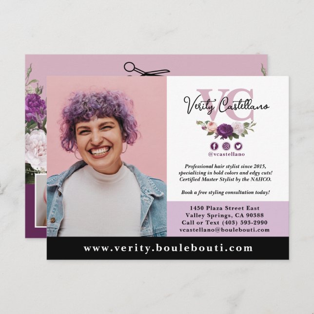 Cartão Postal Elegante Dusty Mauve Floral Salon Marketing Fotogr (Frente/Verso)