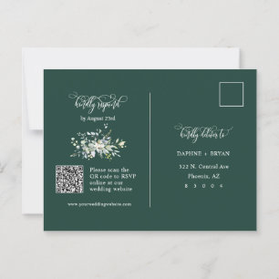 Cartão Postal Elegante Emerald Green Leaves QR Code Address RSVP