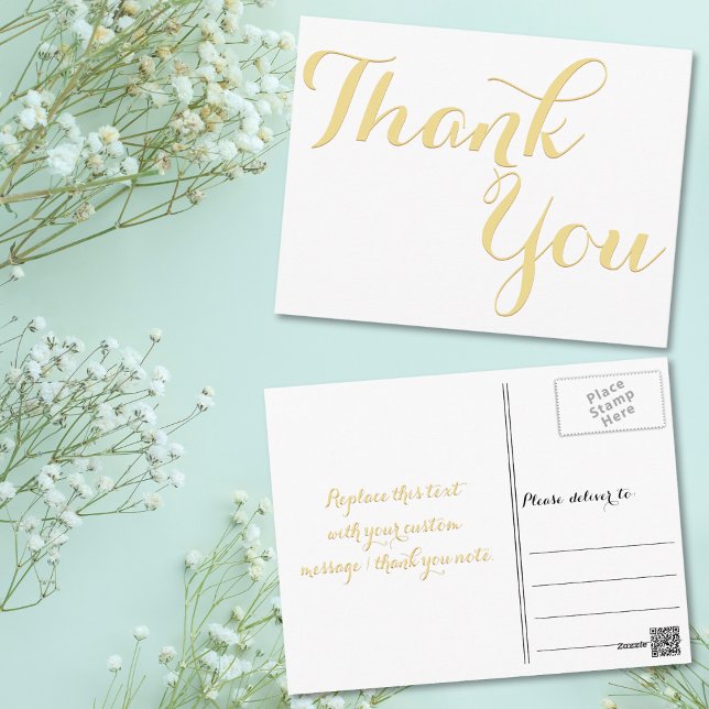 Cartão Postal Elegante Estiloso Falso Ouro Script Branco Obrigad (Elegant Stylish Faux Gold Script White Thank You Postcard)