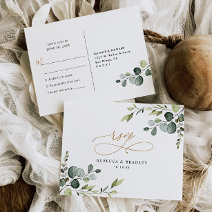 Cartão Postal Elegante Eucalyptus Greenery Casamento Dourado Rsv