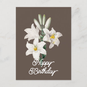 Cartão Postal Elegante Flor de Lírio Branca Vintage Feliz Aniver