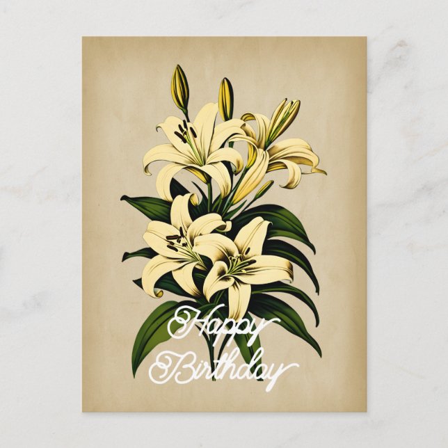 Cartão Postal Elegante Flor de Lírio Branco Feliz Aniversário (Frente)