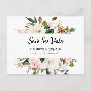 Cartão Postal Elegante Flor de Magnólia Branca com Rosa Save The