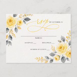 Cartão Postal Elegante Floral Aquarela Amarelo Cinza RSVP
