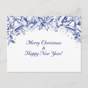 Cartão Postal Elegante Floral Azul Alegre Natal Chinoiserie