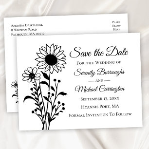 Cartão Postal Elegante Floral Preto e Branco Casamento Salve a D