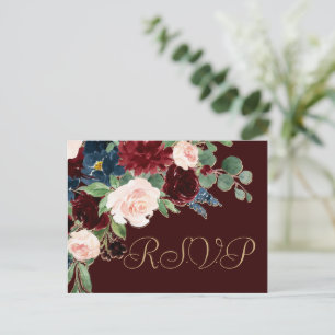 Cartão Postal Elegante Floral   RSVP Geométrico Dourado Vermelh