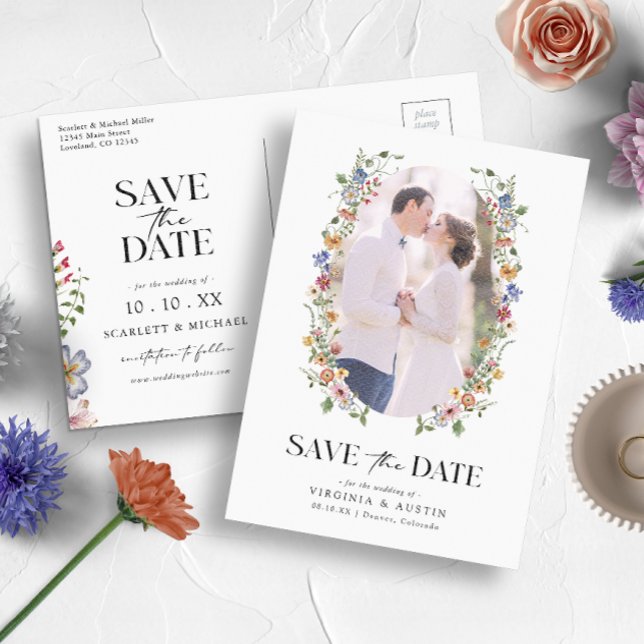 Cartão Postal Elegante Floral Salvar A Data (Colorful Wildflower Wedding Invitation and Gifts Collection by Painted Paperie
)