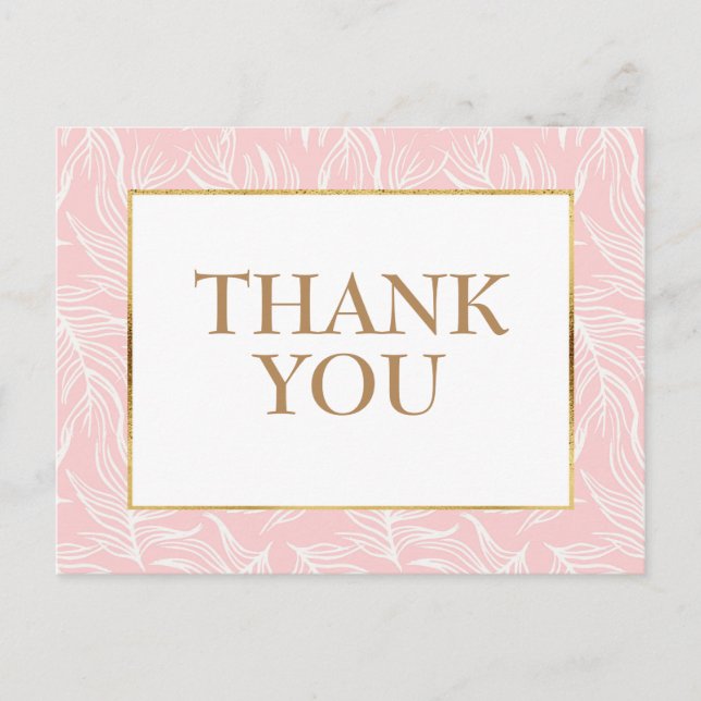 Cartão Postal Elegante Folhas Brancas em Rosa Dourado Obrigado (Frente)