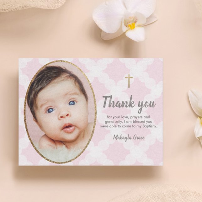 Cartão Postal Elegante foto de batismo de menina em rosa e doura (Baby photo Baptism thank you pink and white gold cross postcard.)