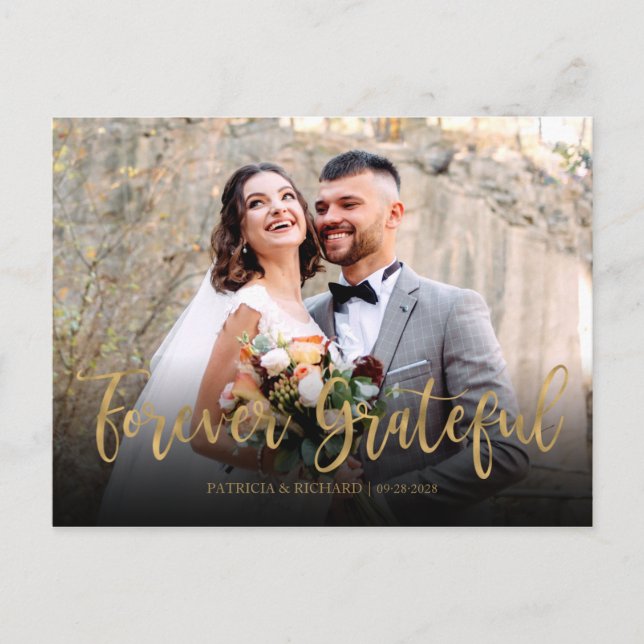Cartão Postal Elegante Foto de Casamento Para Sempre Grato Obrig (Frente)