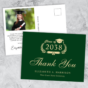 Cartão Postal Elegante Foto Dourada Graduação Verde Obrigado