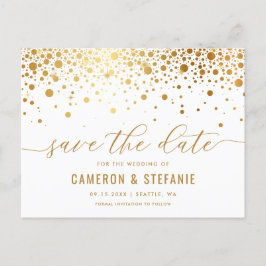 Cartão Postal Elegante Gold Foil Confetti White Salvar a Data