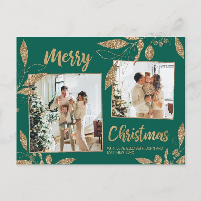 Cartão Postal Elegante Green e Dourado Botanical 2 Foto Natal (Frente)