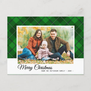 Cartão Postal Elegante Green Tartan Merry Christmas Family Photo